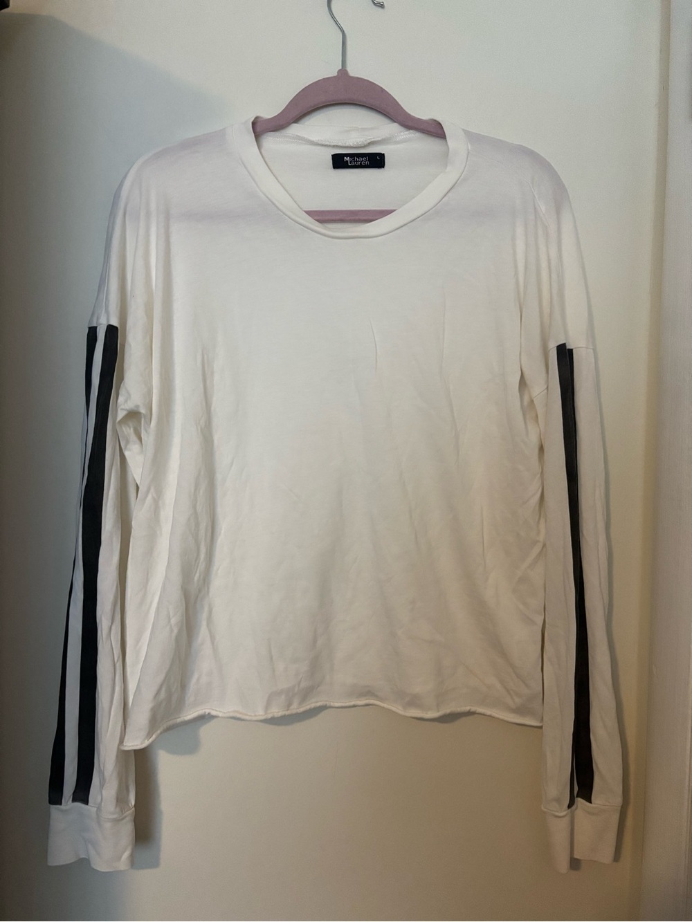 Michael Lauren White Long-Sleeve Tee with Black Sleeve Stripes